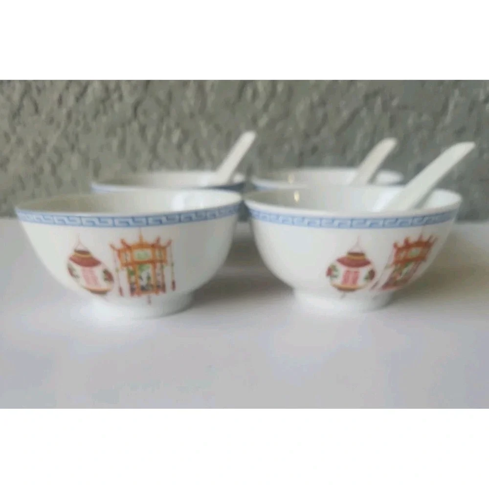 Vintage Set Of 4 Tatung Porcelain Rice Soup Bowl Red Lantern Theme